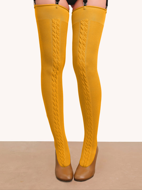 Панчохи Mustard Braid — гірчичні панчохи з текстурою сітки доповнена об’ємною косою | SHUR SHUR